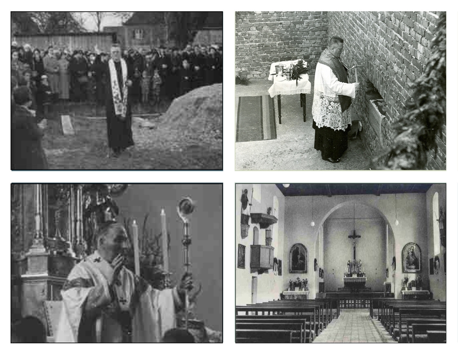 Von links oben im Uhrzeigersinn: Prälat Friedrich Pfanzelt nach dem ersten Spatenstich, Grundsteinlegung durch Prälat Dr. Nicolaus Brehm, Weihe der Kirche durch Kardinal Michael Faulhaber, Originalausstattung der Kirche St. Peter (Fotos: Pfarrarchiv St. Peter)