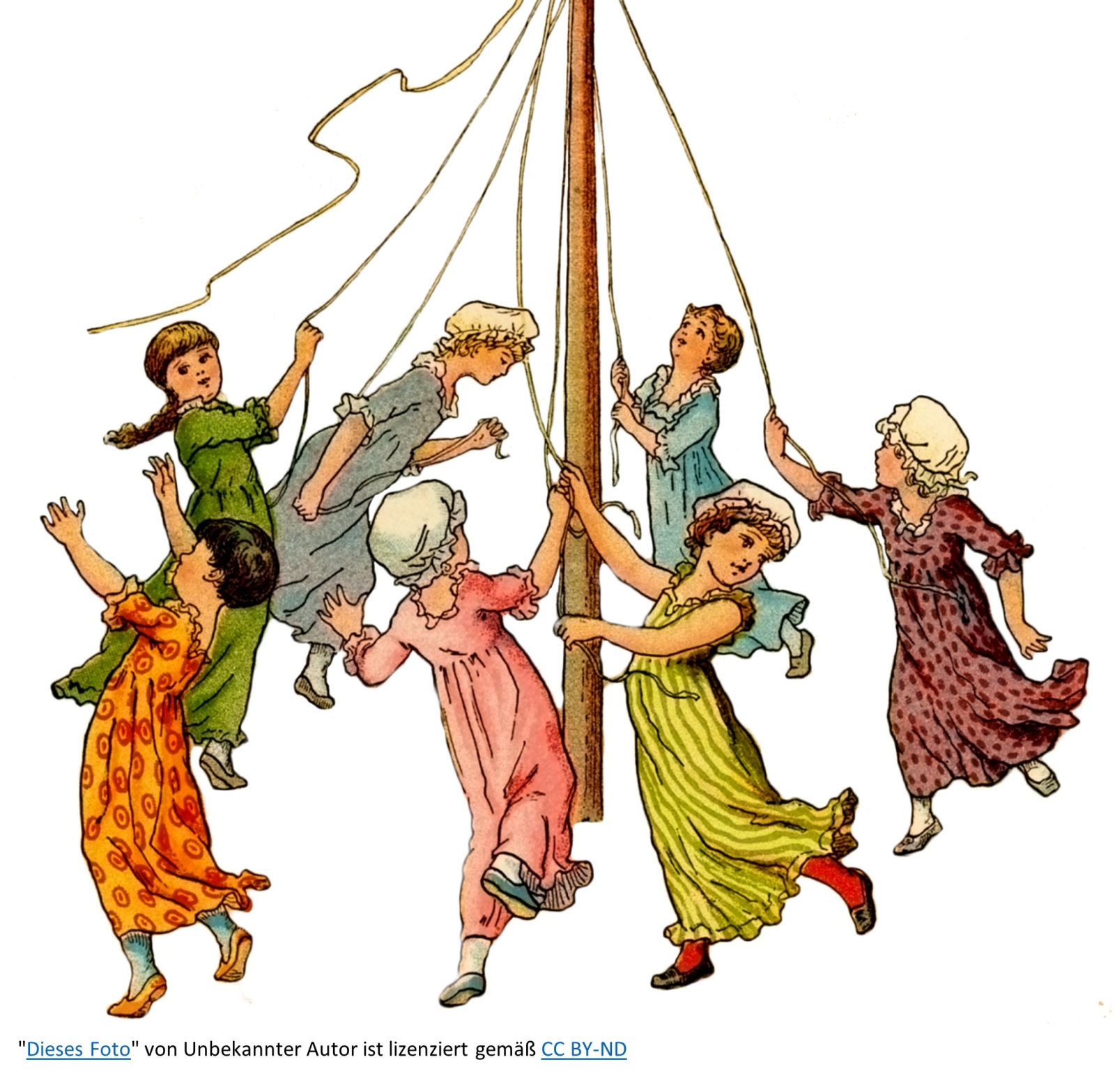 Tanzende Kinder um den Maibaum
